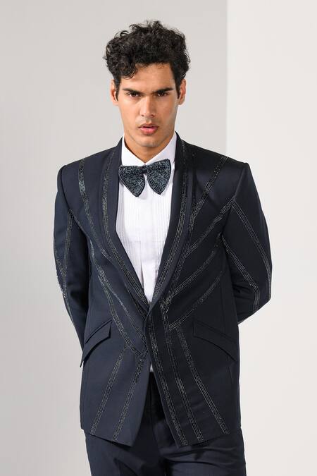 Kalpana Naik_Navy Crepe Embroidery Midnight Stripes Tuxedo Blazer And Trouser Set _Online_at_Aza_Fashions