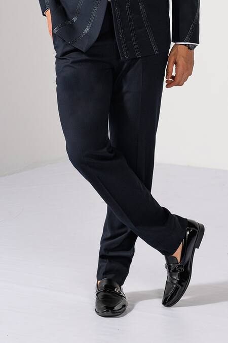 Buy_Kalpana Naik_Navy Crepe Embroidery Midnight Stripes Tuxedo Blazer And Trouser Set _Online_at_Aza_Fashions