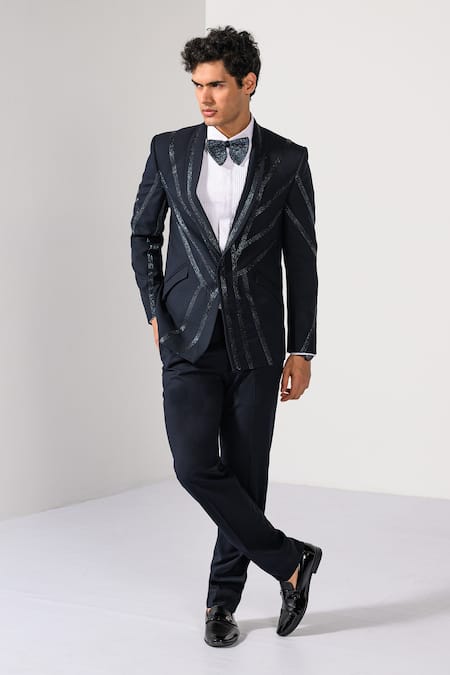 Kalpana Naik Midnight Stripes Embroidered Tuxedo Blazer & Trouser Set 