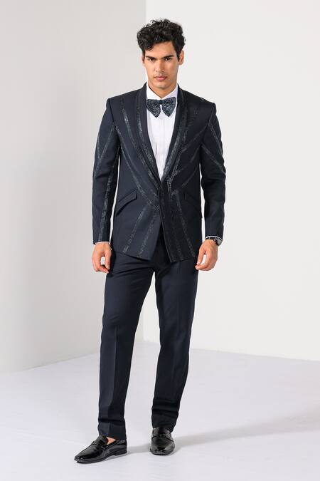 Shop_Kalpana Naik_Navy Crepe Embroidery Midnight Stripes Tuxedo Blazer And Trouser Set _Online_at_Aza_Fashions