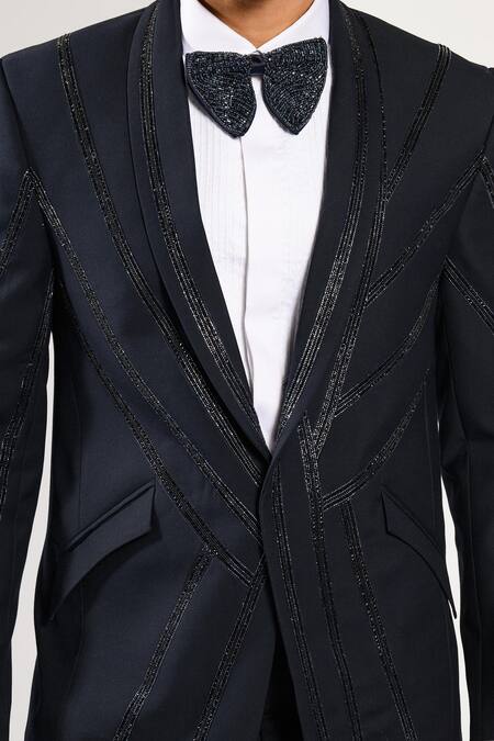 Buy_Kalpana Naik_Navy Crepe Embroidery Midnight Stripes Tuxedo Blazer And Trouser Set 