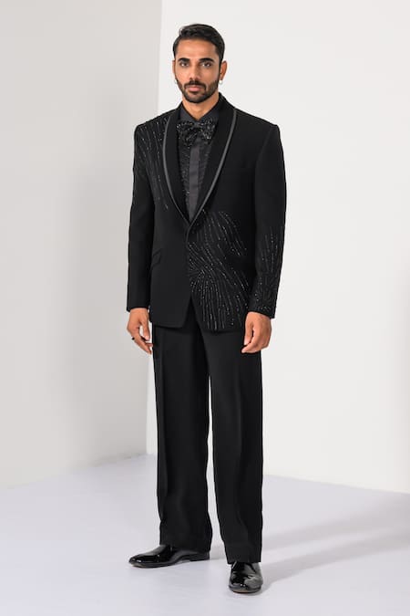 Kalpana Naik_Black Crepe Embroidery Asymmetrical Onyx Tuxedo Blazer And Trouser Set _Online_at_Aza_Fashions
