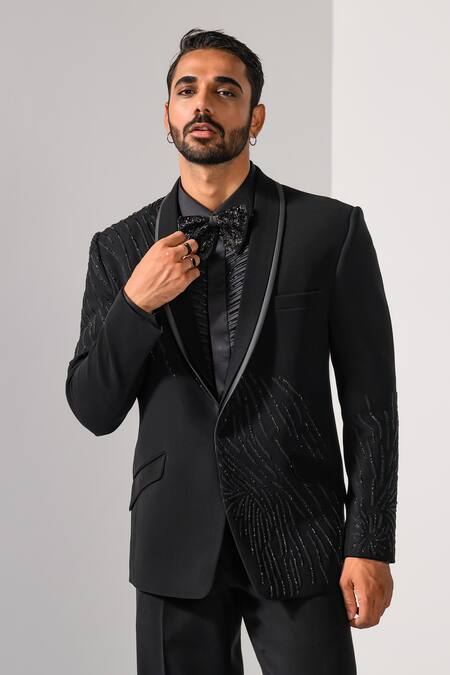 Buy_Kalpana Naik_Black Crepe Embroidery Asymmetrical Onyx Tuxedo Blazer And Trouser Set _Online_at_Aza_Fashions