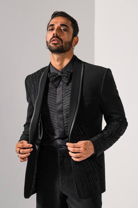 Shop_Kalpana Naik_Black Crepe Embroidery Asymmetrical Onyx Tuxedo Blazer And Trouser Set _Online_at_Aza_Fashions