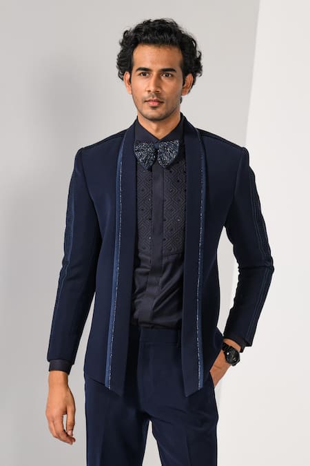 Buy Kalpana Naik Blue Crepe Embroidery, Stones Cobalt Pintuck Tuxedo Blazer And Trouser Set Online at Aza Fashions Buy_Kalpana Naik_Blue Crepe Embroidery, Stones Cobalt Pintuck Tuxedo Blazer And Trouser Set _Online_at_Aza_Fashions