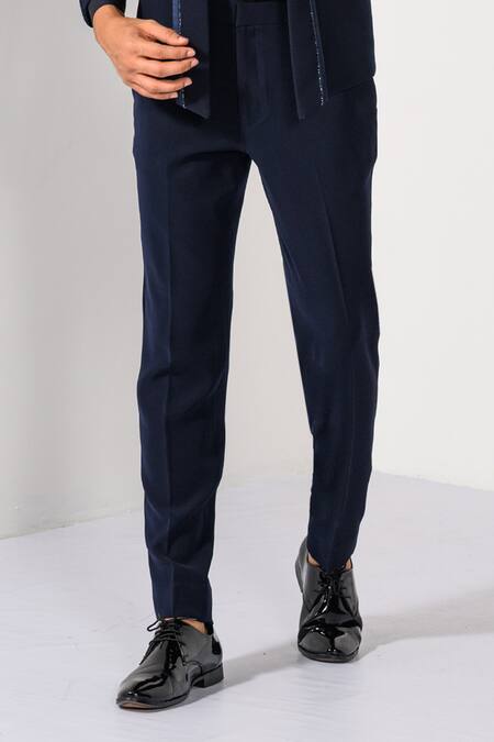 Shop Kalpana Naik Blue Crepe Embroidery, Stones Cobalt Pintuck Tuxedo Blazer And Trouser Set Online at Aza Fashions Shop_Kalpana Naik_Blue Crepe Embroidery, Stones Cobalt Pintuck Tuxedo Blazer And Trouser Set _Online_at_Aza_Fashions