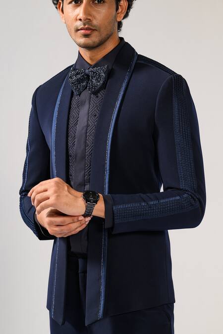 Kalpana Naik Blue Crepe Embroidery, Stones Cobalt Pintuck Tuxedo Blazer And Trouser Set at Aza Fashions Kalpana Naik_Blue Crepe Embroidery, Stones Cobalt Pintuck Tuxedo Blazer And Trouser Set _at_Aza_Fashions