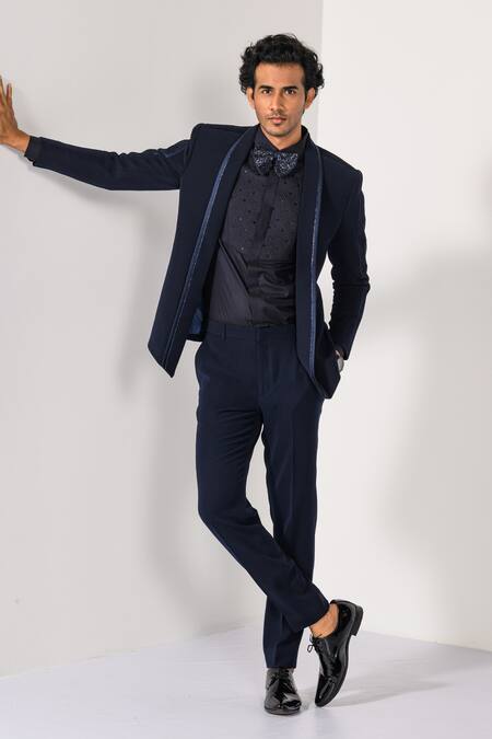 Buy Kalpana Naik Blue Crepe Embroidery, Stones Cobalt Pintuck Tuxedo Blazer And Trouser Set Buy_Kalpana Naik_Blue Crepe Embroidery, Stones Cobalt Pintuck Tuxedo Blazer And Trouser Set