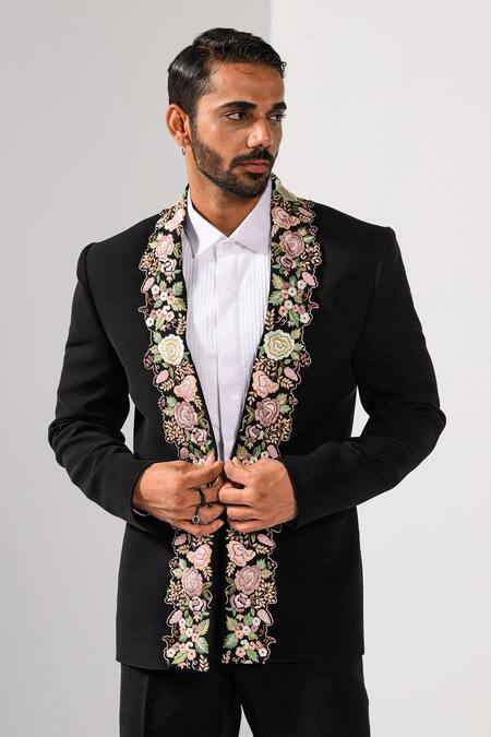 Kalpana Naik_Black Crepe Embroidery Blooming Beauty Tuxedo Blazer And Trouser _Online_at_Aza_Fashions