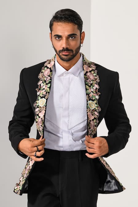 Kalpana Naik_Black Crepe Embroidery Blooming Beauty Tuxedo Blazer And Trouser _at_Aza_Fashions