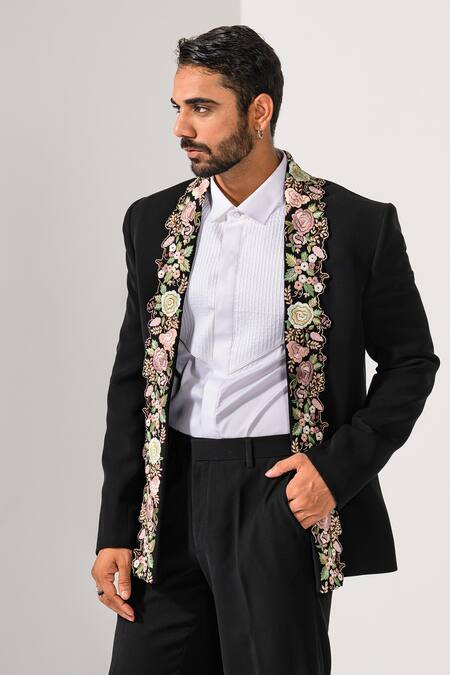 Shop_Kalpana Naik_Black Crepe Embroidery Blooming Beauty Tuxedo Blazer And Trouser 