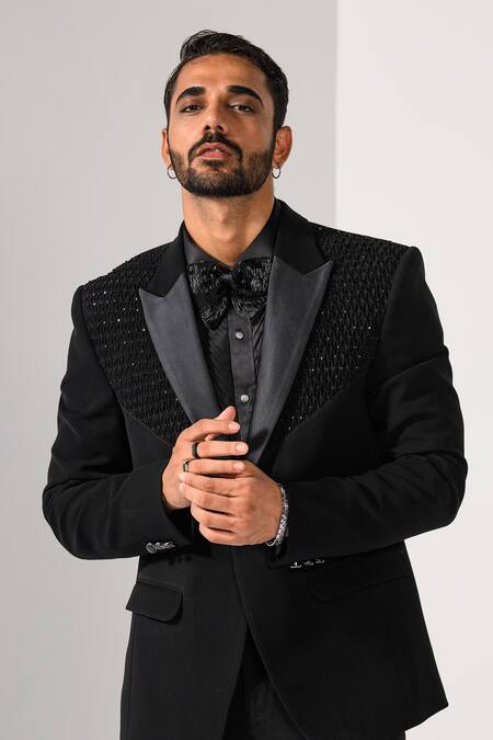 Kalpana Naik_Black Crepe Embroidery, Stones Shimmer Pintucks And Cutdana Tuxedo Set _Online_at_Aza_Fashions