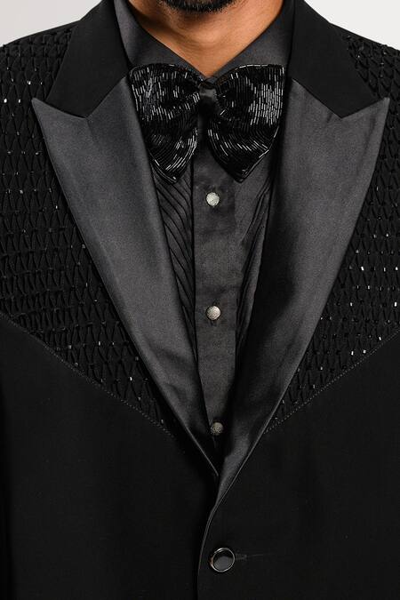 Buy_Kalpana Naik_Black Crepe Embroidery, Stones Shimmer Pintucks And Cutdana Tuxedo Set _Online_at_Aza_Fashions