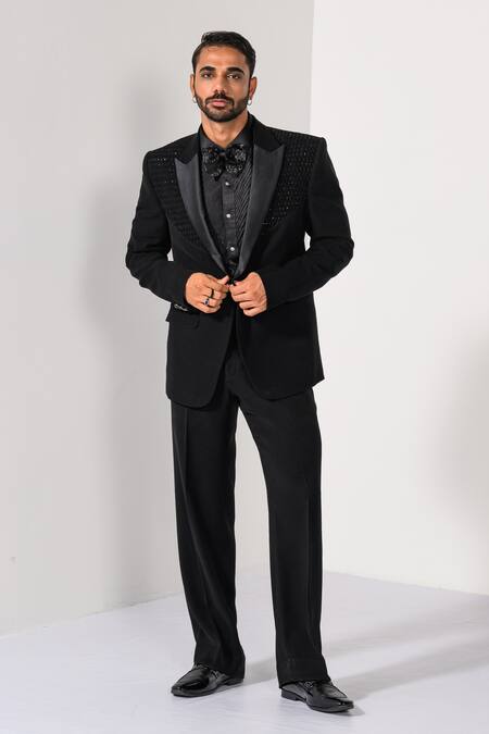 Kalpana Naik_Black Crepe Embroidery, Stones Shimmer Pintucks And Cutdana Tuxedo Set _at_Aza_Fashions