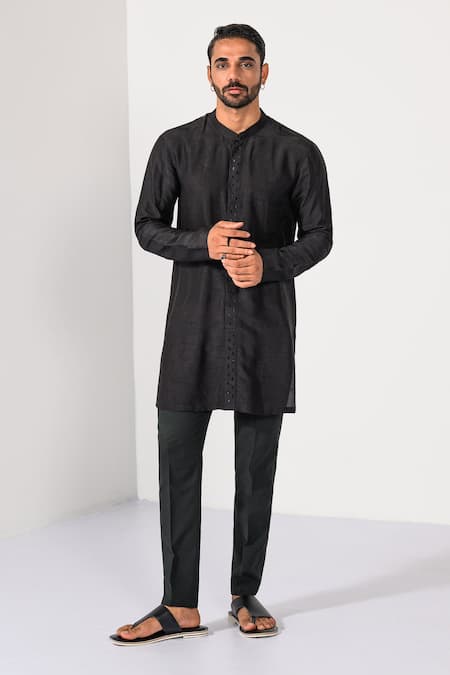 Kalpana Naik_Black Bemberg, Silk, Cotton Embroidery Midnight Mauve Ombre Bandhgala Set _Online_at_Aza_Fashions