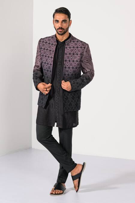 Shop_Kalpana Naik_Black Bemberg, Silk, Cotton Embroidery Midnight Mauve Ombre Bandhgala Set _Online_at_Aza_Fashions