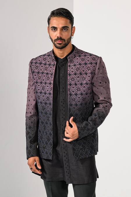 Kalpana Naik_Black Bemberg, Silk, Cotton Embroidery Midnight Mauve Ombre Bandhgala Set _at_Aza_Fashions