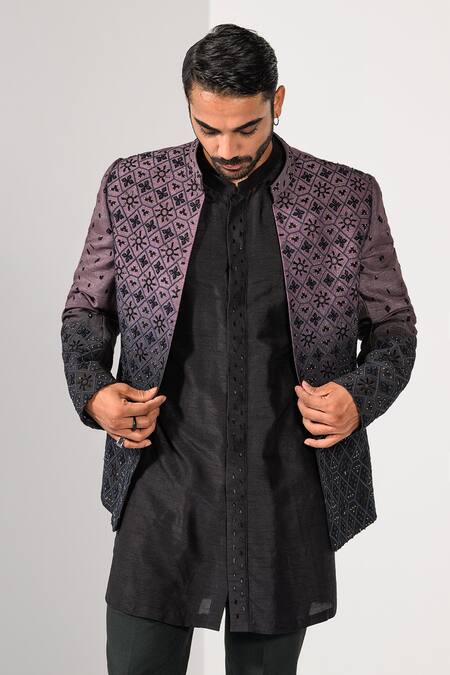 Buy_Kalpana Naik_Black Bemberg, Silk, Cotton Embroidery Midnight Mauve Ombre Bandhgala Set 