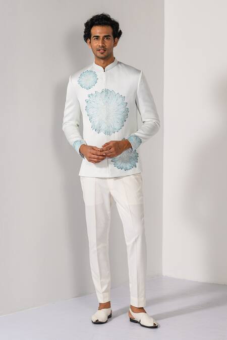 Buy_Kalpana Naik_Off White Satin Embroidery Mist Line Bandhgala And Trouser Set _Online_at_Aza_Fashions