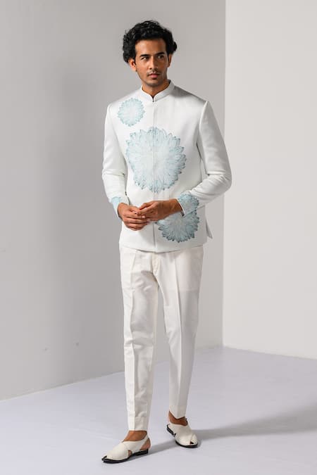 Shop_Kalpana Naik_Off White Satin Embroidery Mist Line Bandhgala And Trouser Set _Online_at_Aza_Fashions