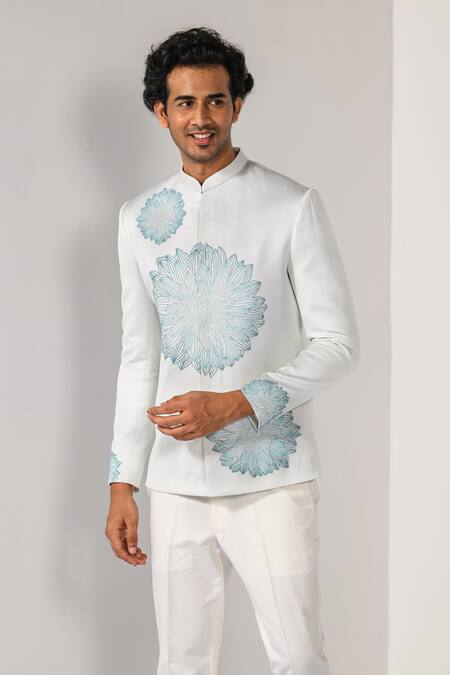 Kalpana Naik_Off White Satin Embroidery Mist Line Bandhgala And Trouser Set _at_Aza_Fashions