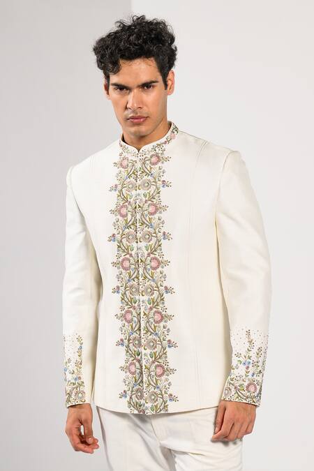 Kalpana Naik_Ivory Bemberg, Silk Embroidery Blossom Floral Bandhgala And Trouser Set _Online_at_Aza_Fashions