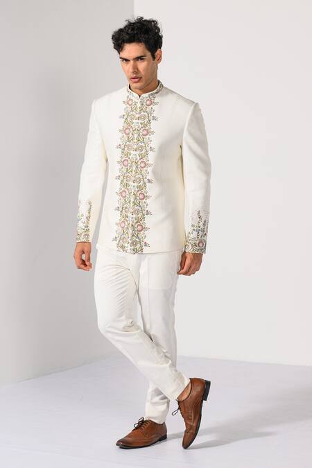 Shop_Kalpana Naik_Ivory Bemberg, Silk Embroidery Blossom Floral Bandhgala And Trouser Set _Online_at_Aza_Fashions