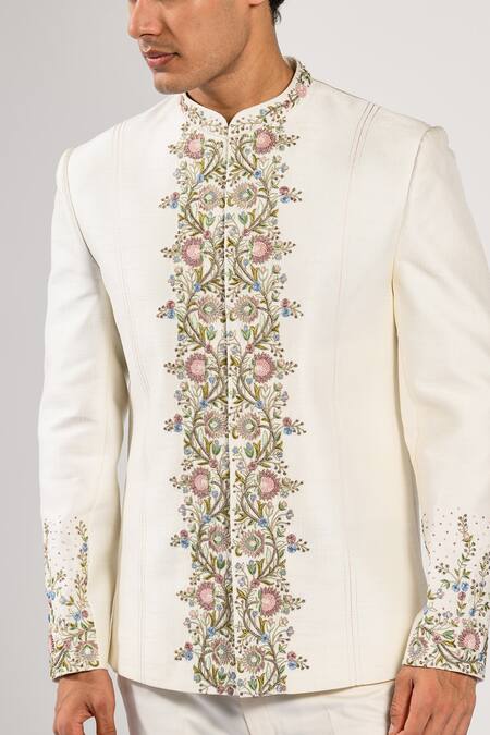 Kalpana Naik_Ivory Bemberg, Silk Embroidery Blossom Floral Bandhgala And Trouser Set _at_Aza_Fashions