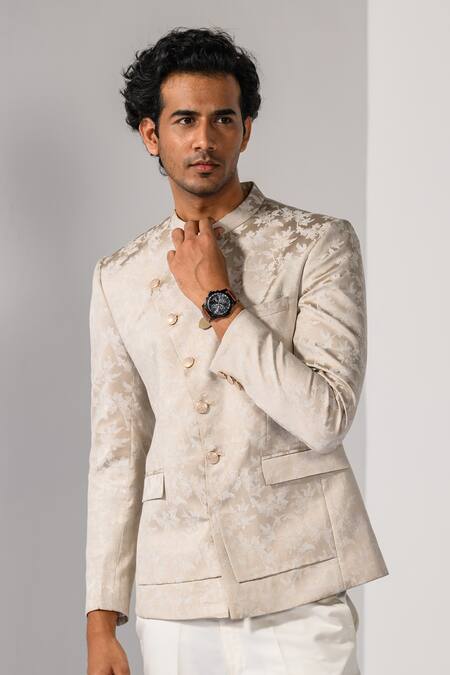 Kalpana Naik_Beige Blooming Floral Bandhgala And Trouser Set _at_Aza_Fashions