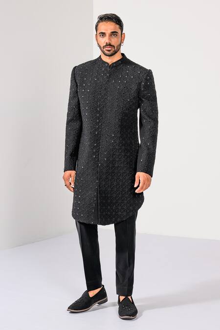 Kalpana Naik_Black Crepe Embroidery, Stones Majesty French Knot Achkan And Trouser Set _Online_at_Aza_Fashions