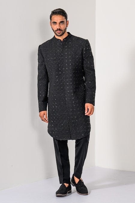 Kalpana Naik Black Majesty French Knot Achkan & Trouser Set 