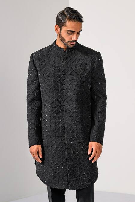 Kalpana Naik_Black Crepe Embroidery, Stones Majesty French Knot Achkan And Trouser Set _at_Aza_Fashions