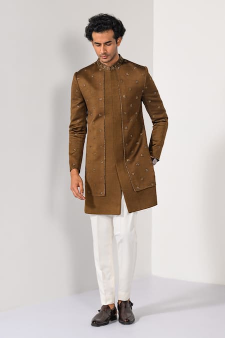 Kalpana Naik_Brown Satin, Crepe Embroidery Walnut Harmony Achkan Set _Online_at_Aza_Fashions