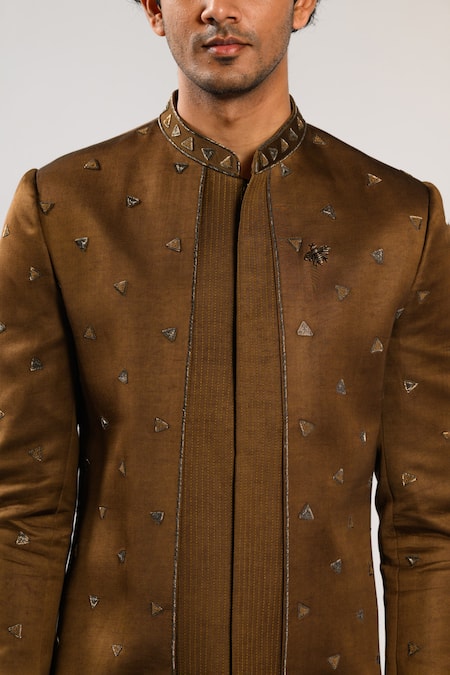 Shop_Kalpana Naik_Brown Satin, Crepe Embroidery Walnut Harmony Achkan Set _Online_at_Aza_Fashions