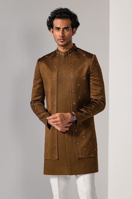 Kalpana Naik_Brown Satin, Crepe Embroidery Walnut Harmony Achkan Set _at_Aza_Fashions
