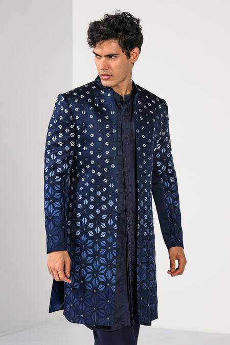Shop Kalpana Naik Navy Linen, Satin Embroidery, Stones Cobalt Gradient Achkan Set Online at Aza Fashions Shop_Kalpana Naik_Navy Linen, Satin Embroidery, Stones Cobalt Gradient Achkan Set _Online_at_Aza_Fashions