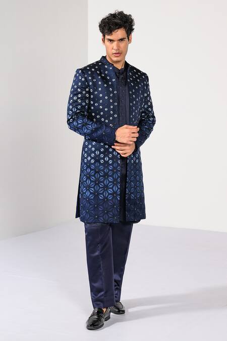 Kalpana Naik Navy Linen, Satin Embroidery, Stones Cobalt Gradient Achkan Set at Aza Fashions Kalpana Naik_Navy Linen, Satin Embroidery, Stones Cobalt Gradient Achkan Set _at_Aza_Fashions