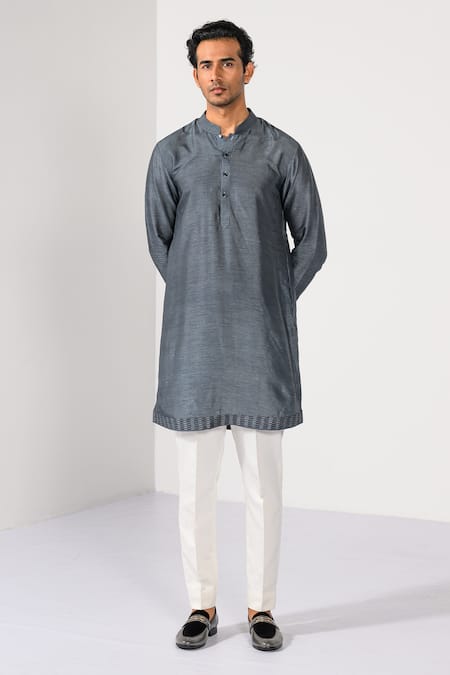 Kalpana Naik_Gray Linen, Satin, Cotton Embroidery Graphite Waves Achkan Set _Online_at_Aza_Fashions