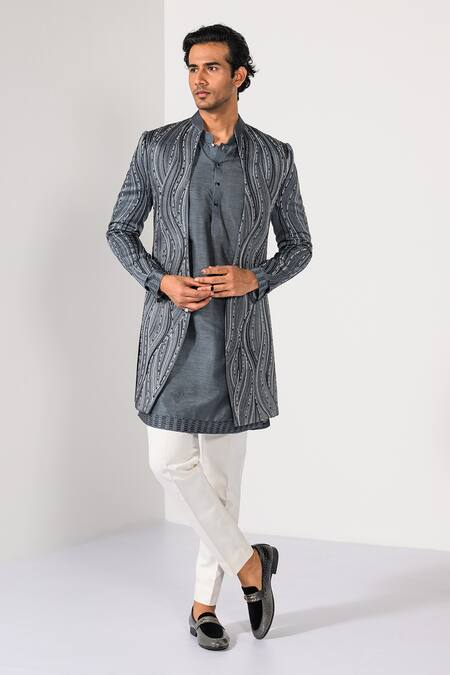 Buy_Kalpana Naik_Gray Linen, Satin, Cotton Embroidery Graphite Waves Achkan Set _Online_at_Aza_Fashions