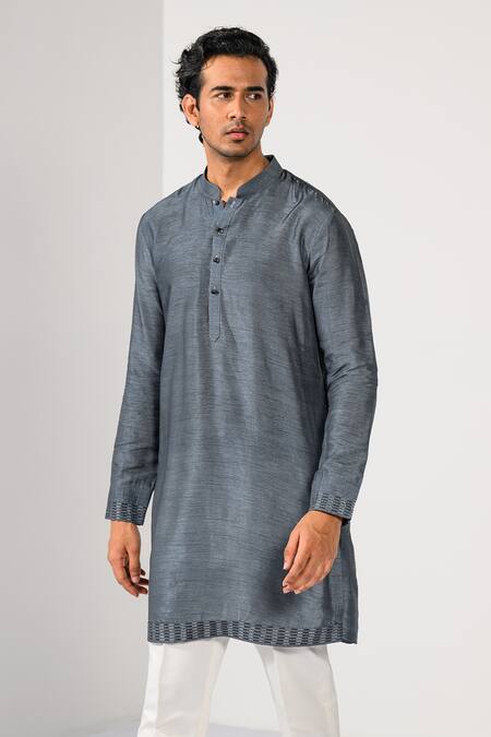 Kalpana Naik_Gray Linen, Satin, Cotton Embroidery Graphite Waves Achkan Set _at_Aza_Fashions