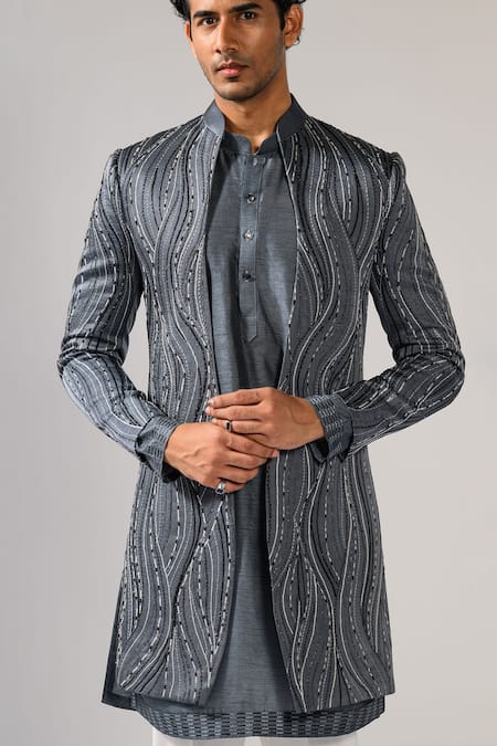 Buy_Kalpana Naik_Gray Linen, Satin, Cotton Embroidery Graphite Waves Achkan Set 