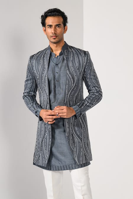 Shop_Kalpana Naik_Gray Linen, Satin, Cotton Embroidery Graphite Waves Achkan Set 
