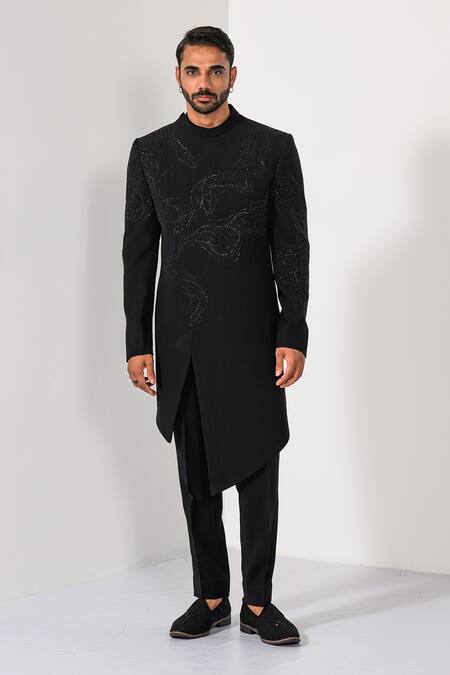 Kalpana Naik Black Linen, Satin Embroidery Jet Elegance Achkan And Trouser Set Online at Aza Fashions Kalpana Naik_Black Linen, Satin Embroidery Jet Elegance Achkan And Trouser Set _Online_at_Aza_Fashions