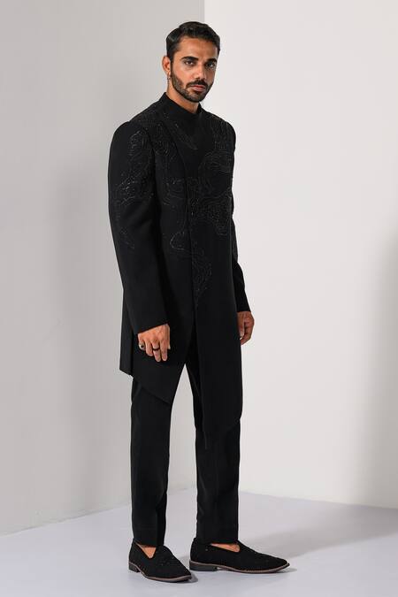 Buy Kalpana Naik Black Linen, Satin Embroidery Jet Elegance Achkan And Trouser Set Online at Aza Fashions Buy_Kalpana Naik_Black Linen, Satin Embroidery Jet Elegance Achkan And Trouser Set _Online_at_Aza_Fashions