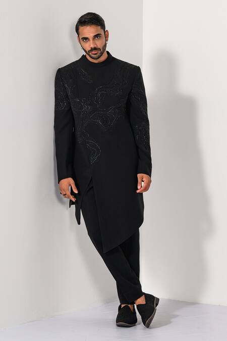 Shop Kalpana Naik Black Linen, Satin Embroidery Jet Elegance Achkan And Trouser Set Online at Aza Fashions Shop_Kalpana Naik_Black Linen, Satin Embroidery Jet Elegance Achkan And Trouser Set _Online_at_Aza_Fashions