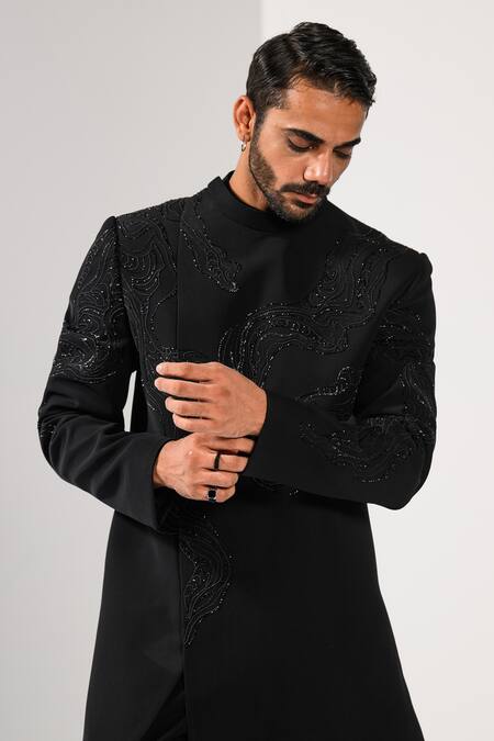 Kalpana Naik Black Linen, Satin Embroidery Jet Elegance Achkan And Trouser Set at Aza Fashions Kalpana Naik_Black Linen, Satin Embroidery Jet Elegance Achkan And Trouser Set _at_Aza_Fashions