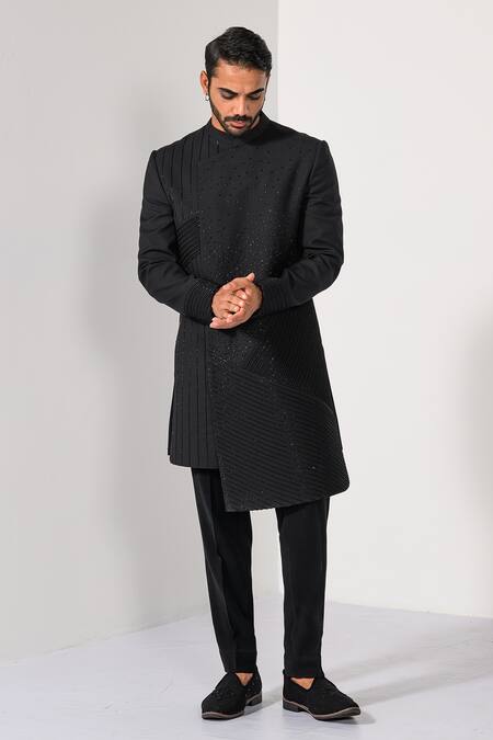 Buy_Kalpana Naik_Black Crepe Embroidery Onyx Overlay Pintuck And Cutdana Achkan Trouser Set _Online_at_Aza_Fashions