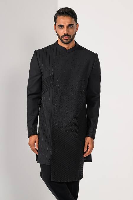 Shop_Kalpana Naik_Black Crepe Embroidery Onyx Overlay Pintuck And Cutdana Achkan Trouser Set _Online_at_Aza_Fashions