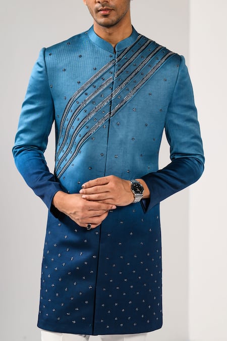 Shop_Kalpana Naik_Blue Satin Zari, Stones, Embroidery Ocean Ombre Achkan Set _Online_at_Aza_Fashions