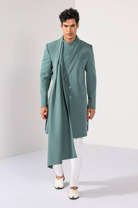 Shop_Kalpana Naik_Green Crepe Aqua Fade Drape Achkan And Trouser Set _Online_at_Aza_Fashions
